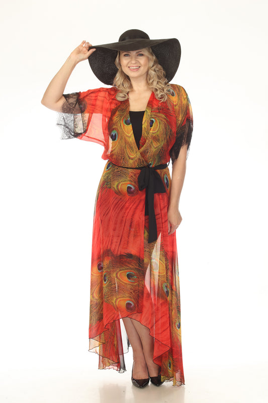 Peacock Red Chiffon Maxi Wrap Dress