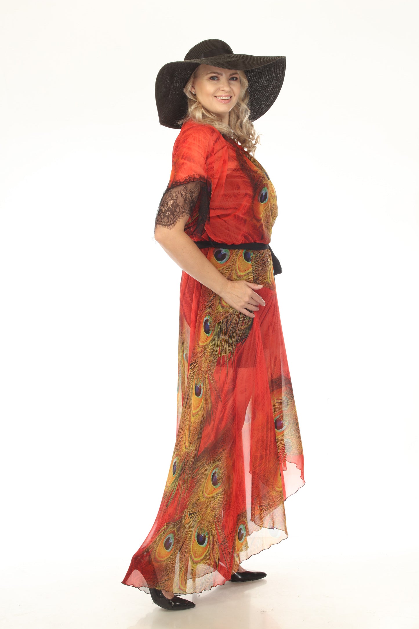 Peacock Red Chiffon Maxi Wrap Dress