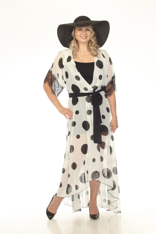 White & Black Polka Dot Chiffon Maxi Wrap Dress