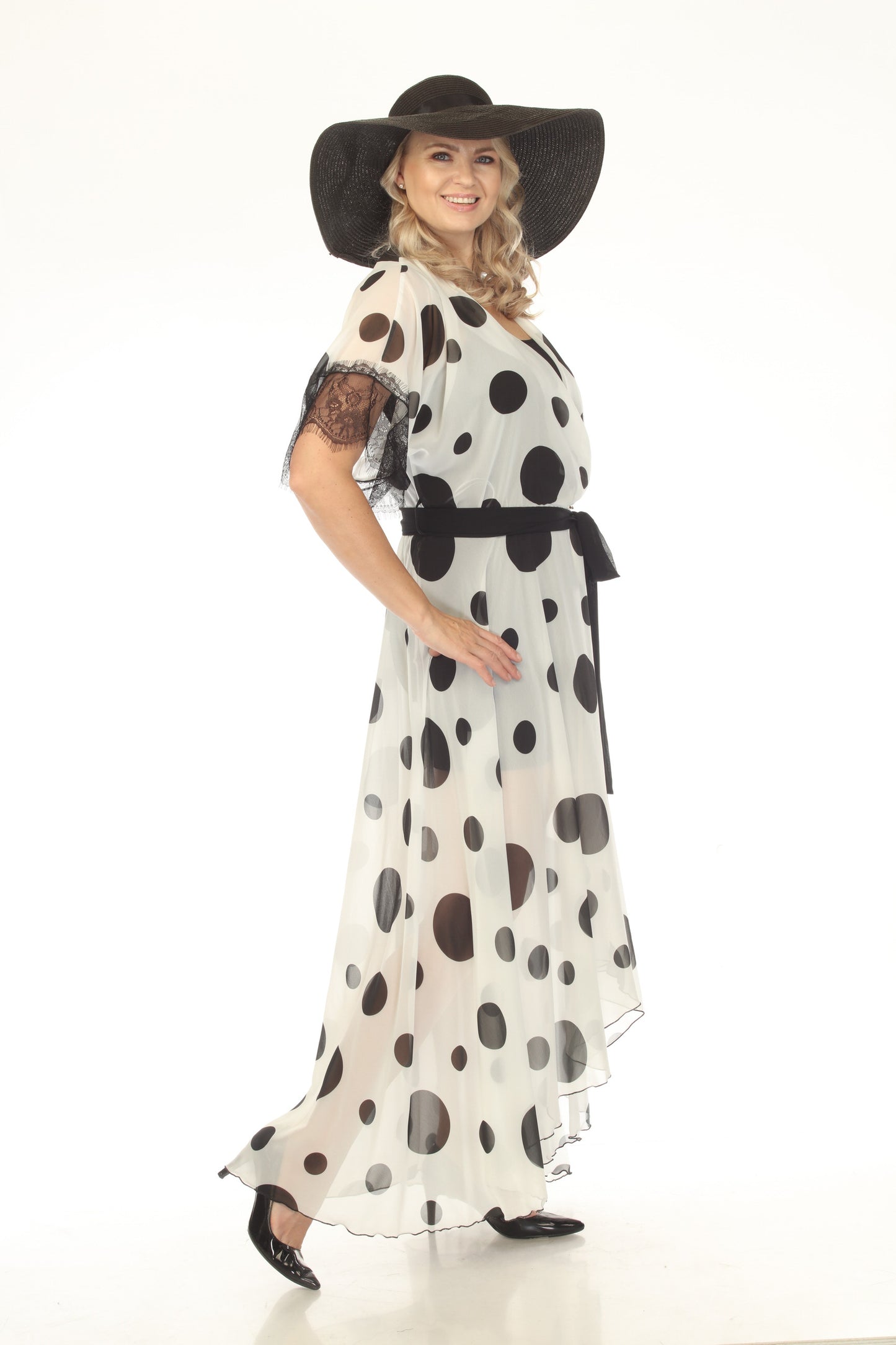 White & Black Polka Dot Chiffon Maxi Wrap Dress