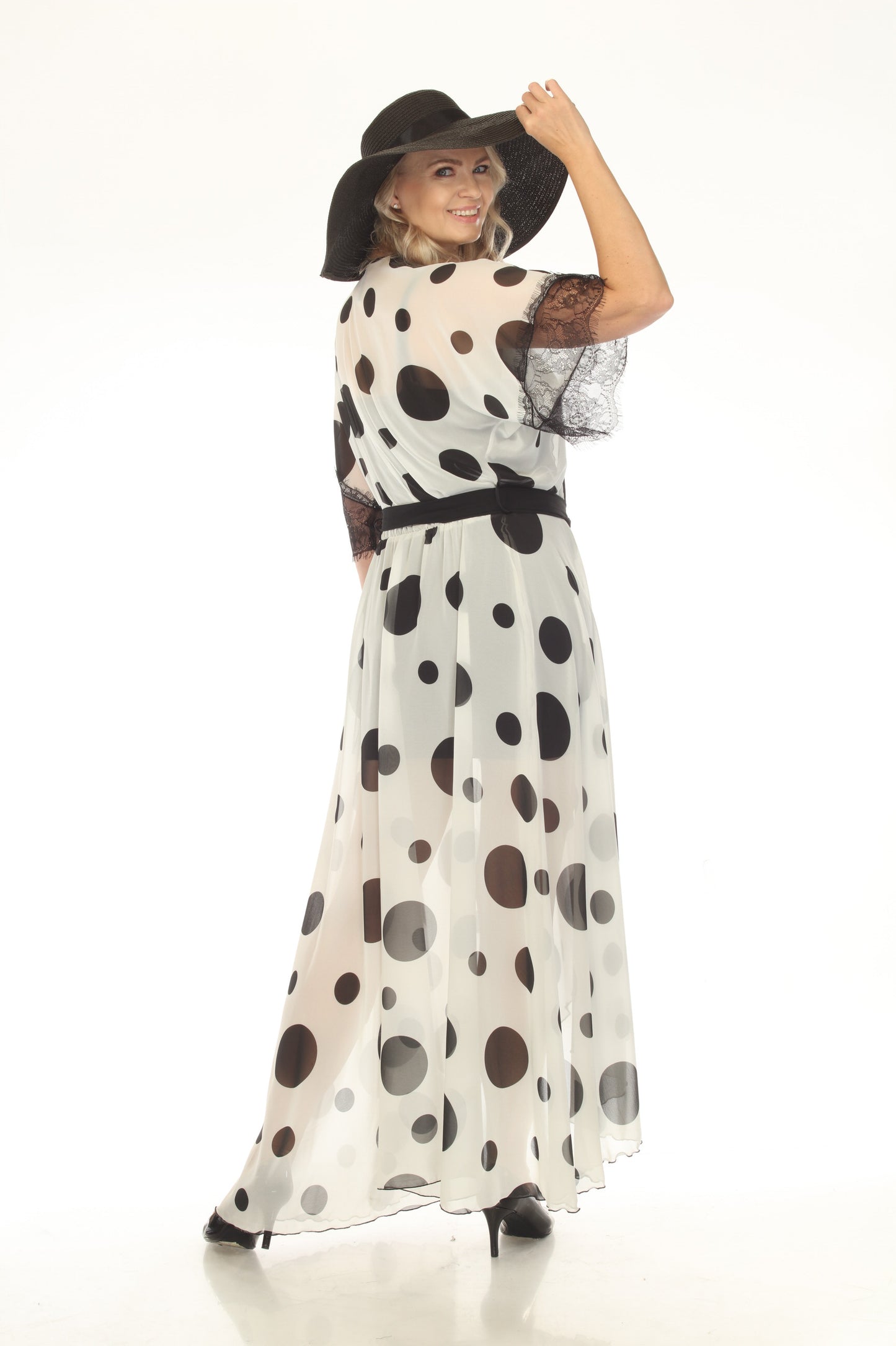 White & Black Polka Dot Chiffon Maxi Wrap Dress