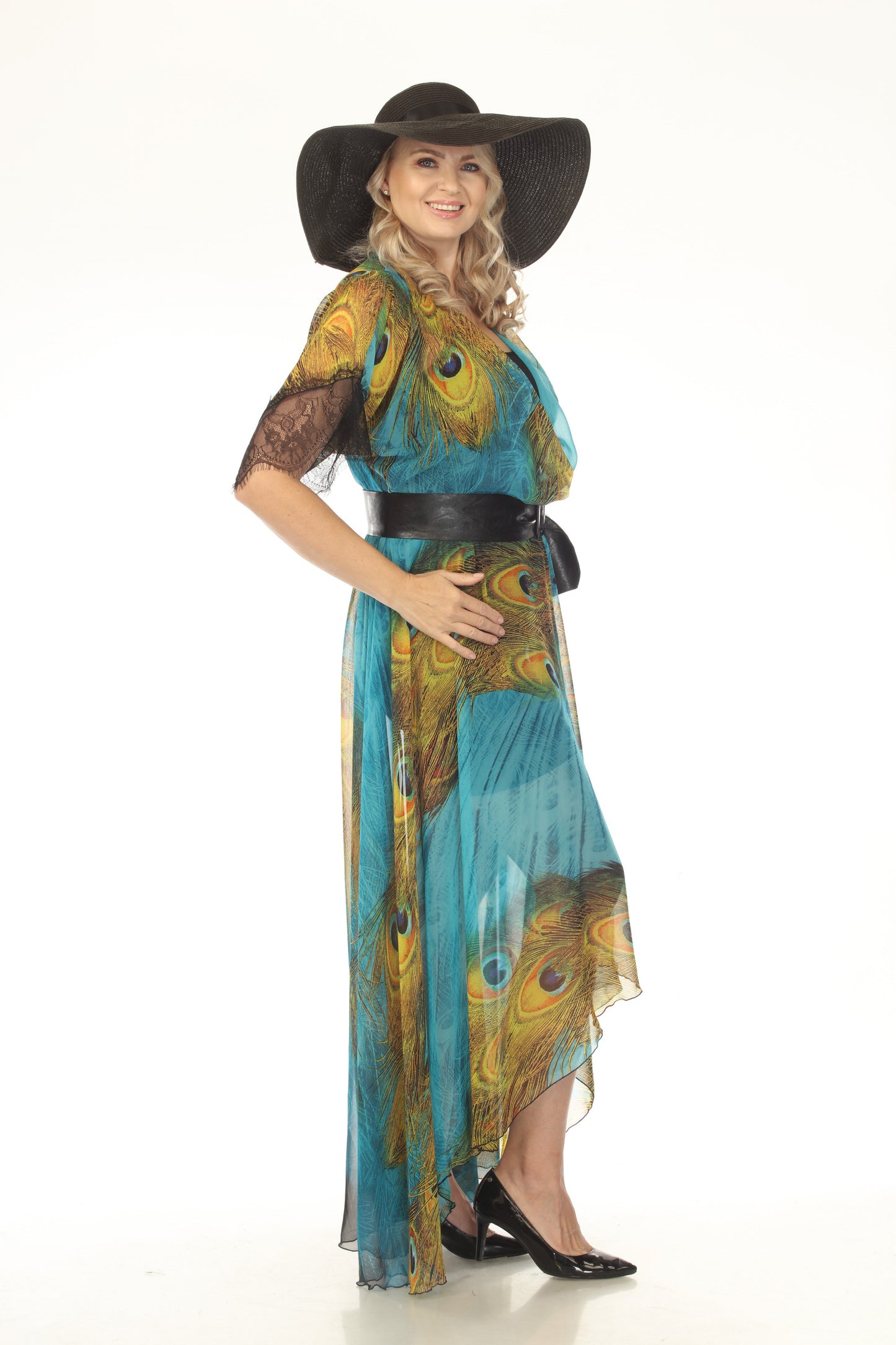 Peacock Turquoise Chiffon Maxi Wrap Dress