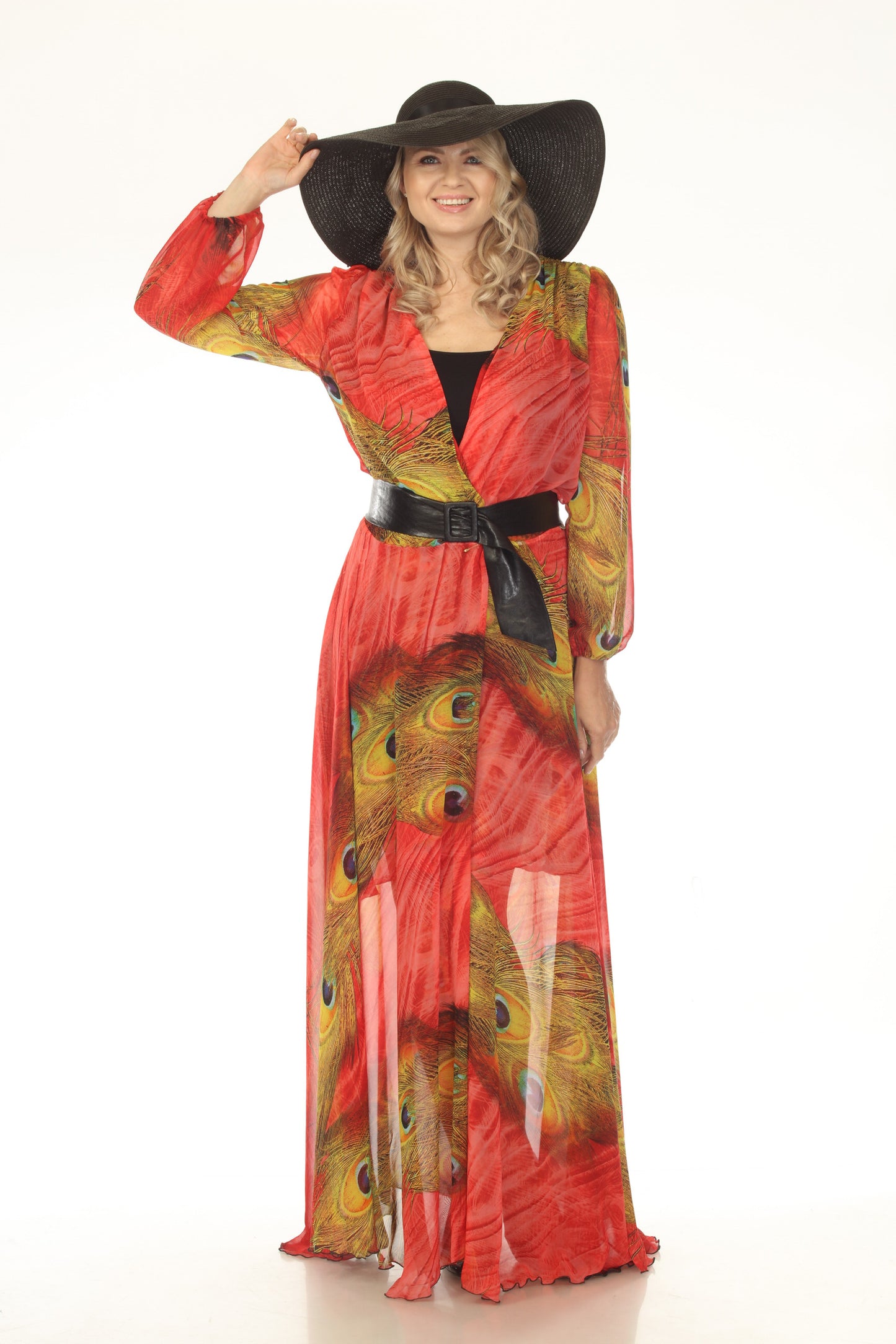 Peacock Red Long Sleeve Wrap Dress