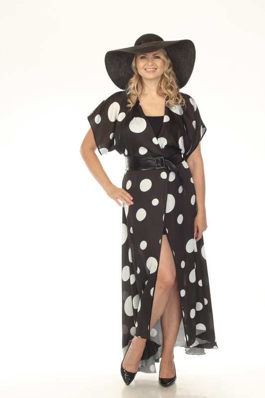 Black & White Polka Dot Chiffon Maxi Wrap Dress