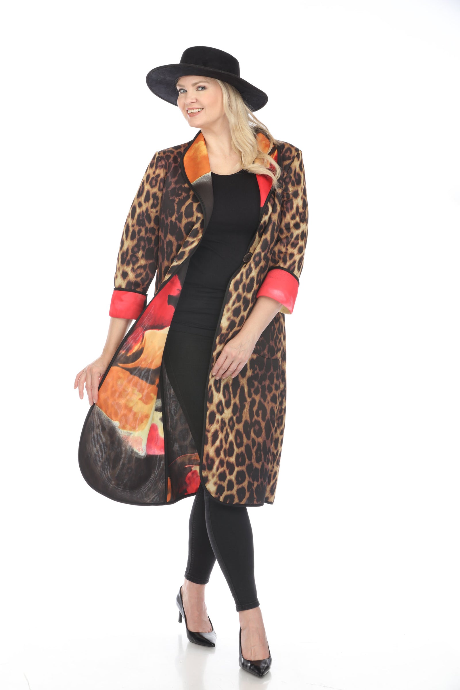 【fenon】 leopard long trench coat Women's Leopard Print Coat Long Faux Mink Fox Fur Collar