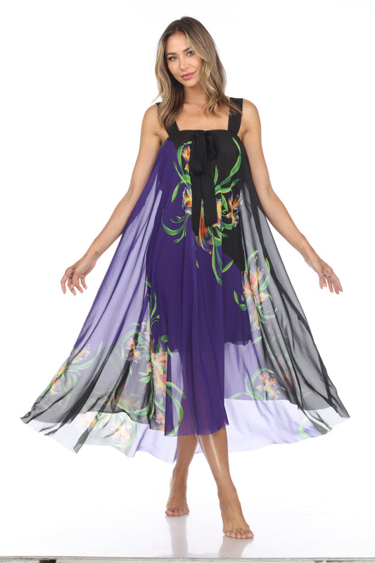 Circular Chiffon Flower Print Long Dress