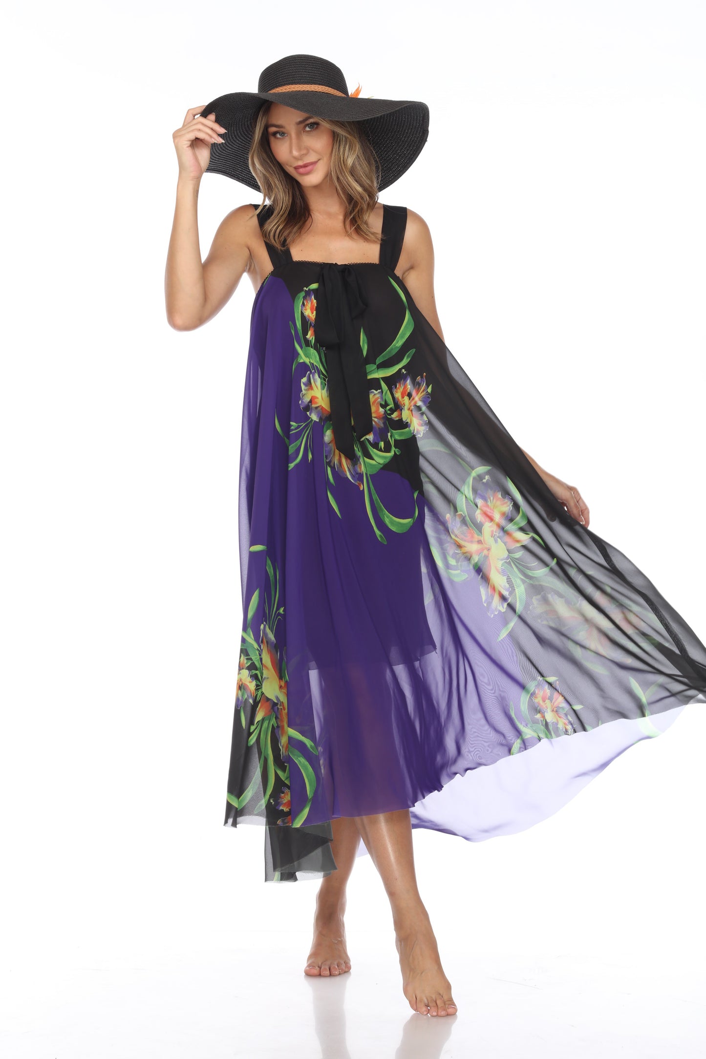Circular Chiffon Flower Print Long Dress