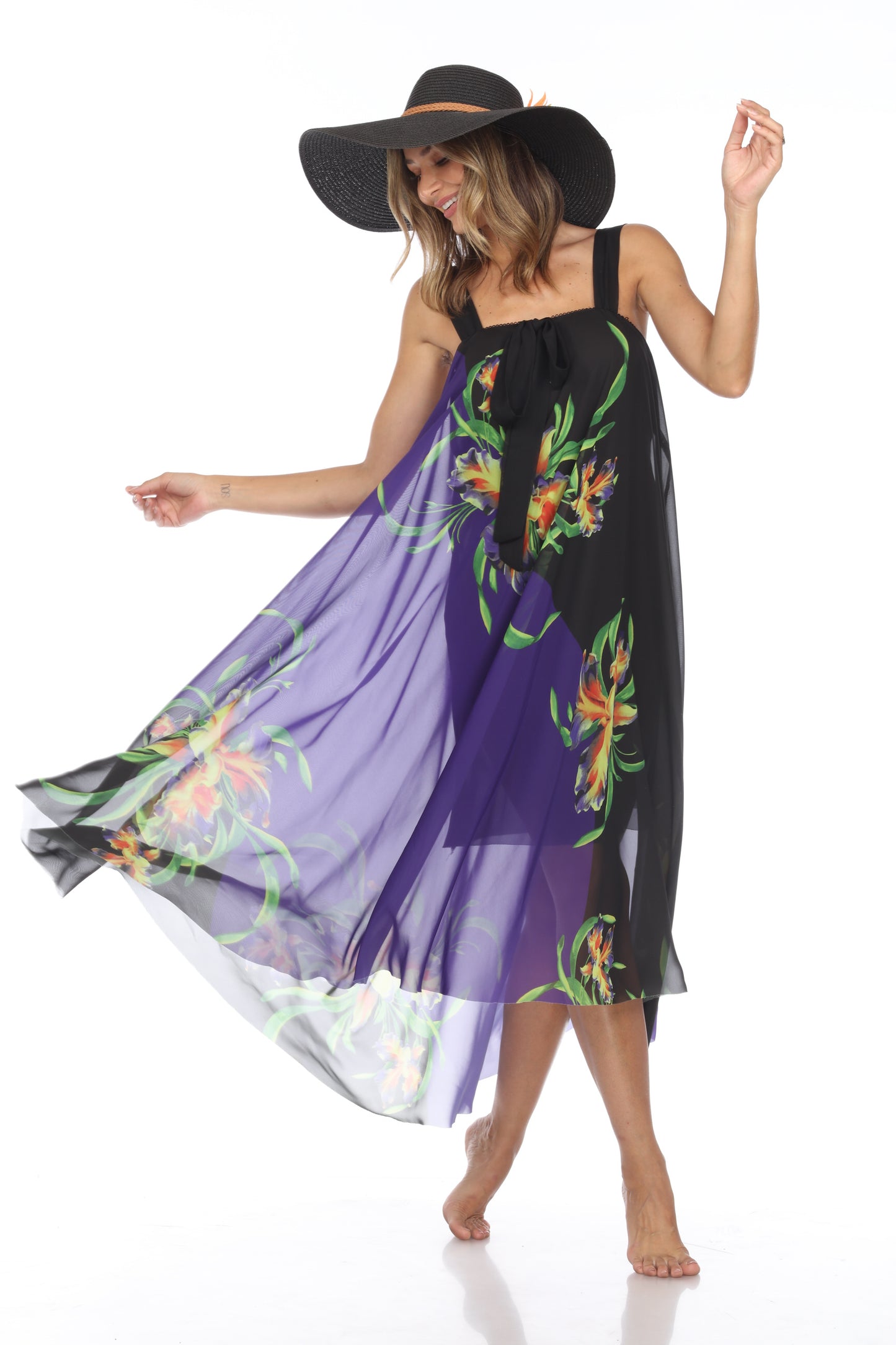 Circular Chiffon Flower Print Long Dress