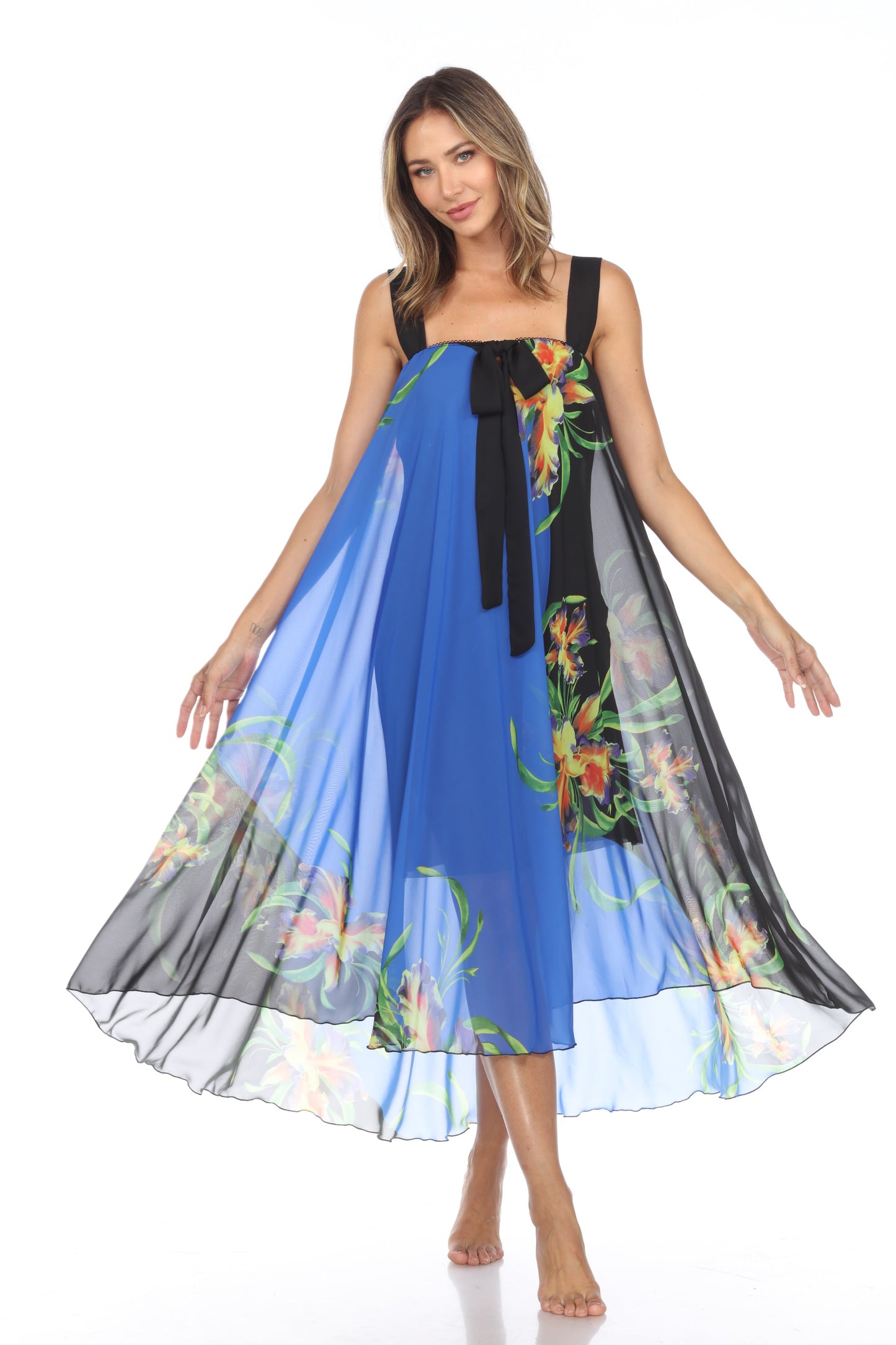 Circular Chiffon Flower Print Long Dress