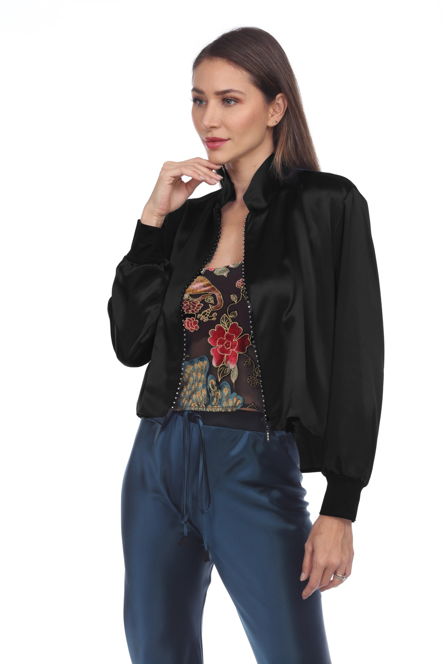 Solid Rhinestone Zipper Jacket