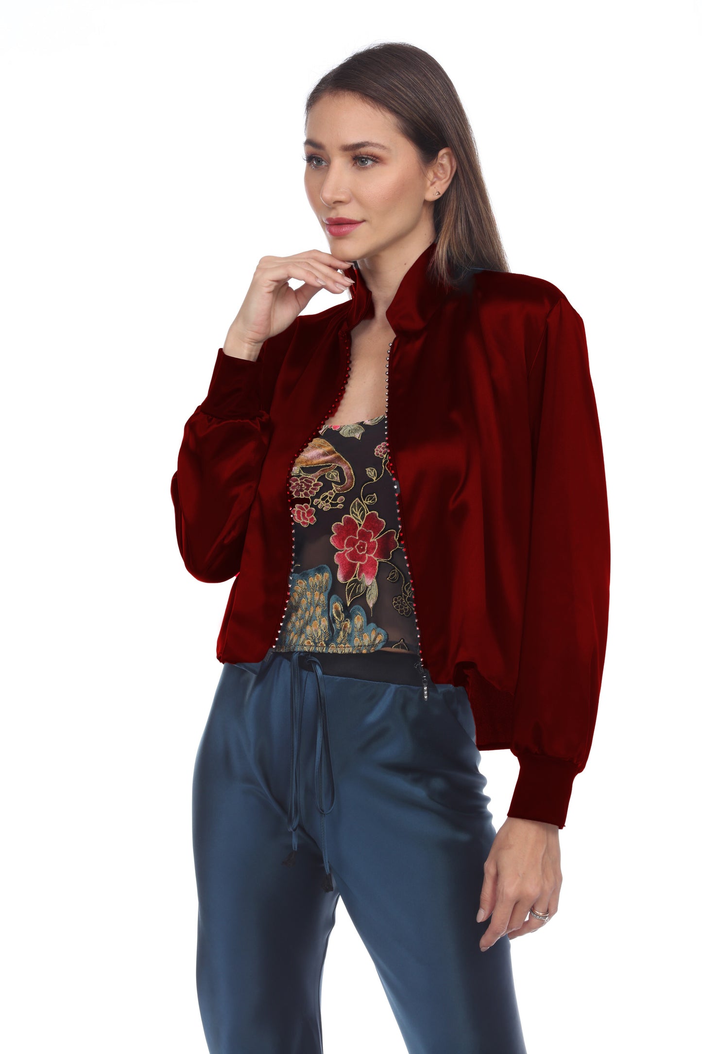 Solid Rhinestone Zipper Jacket
