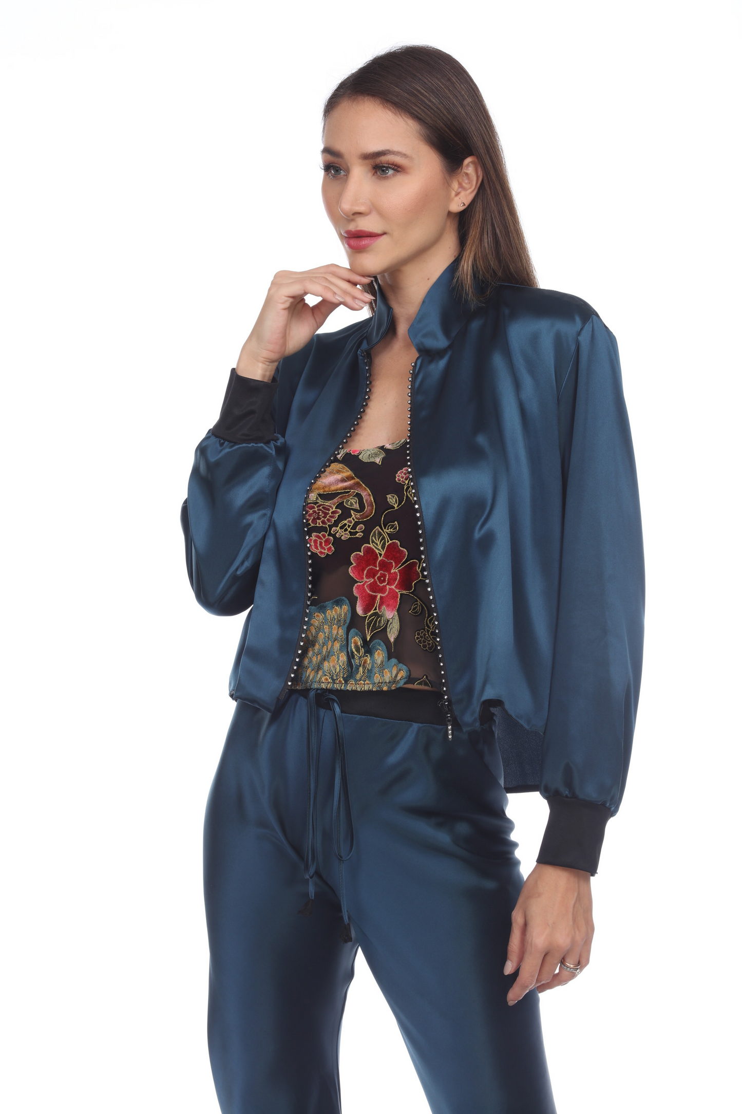 Solid Rhinestone Zipper Jacket